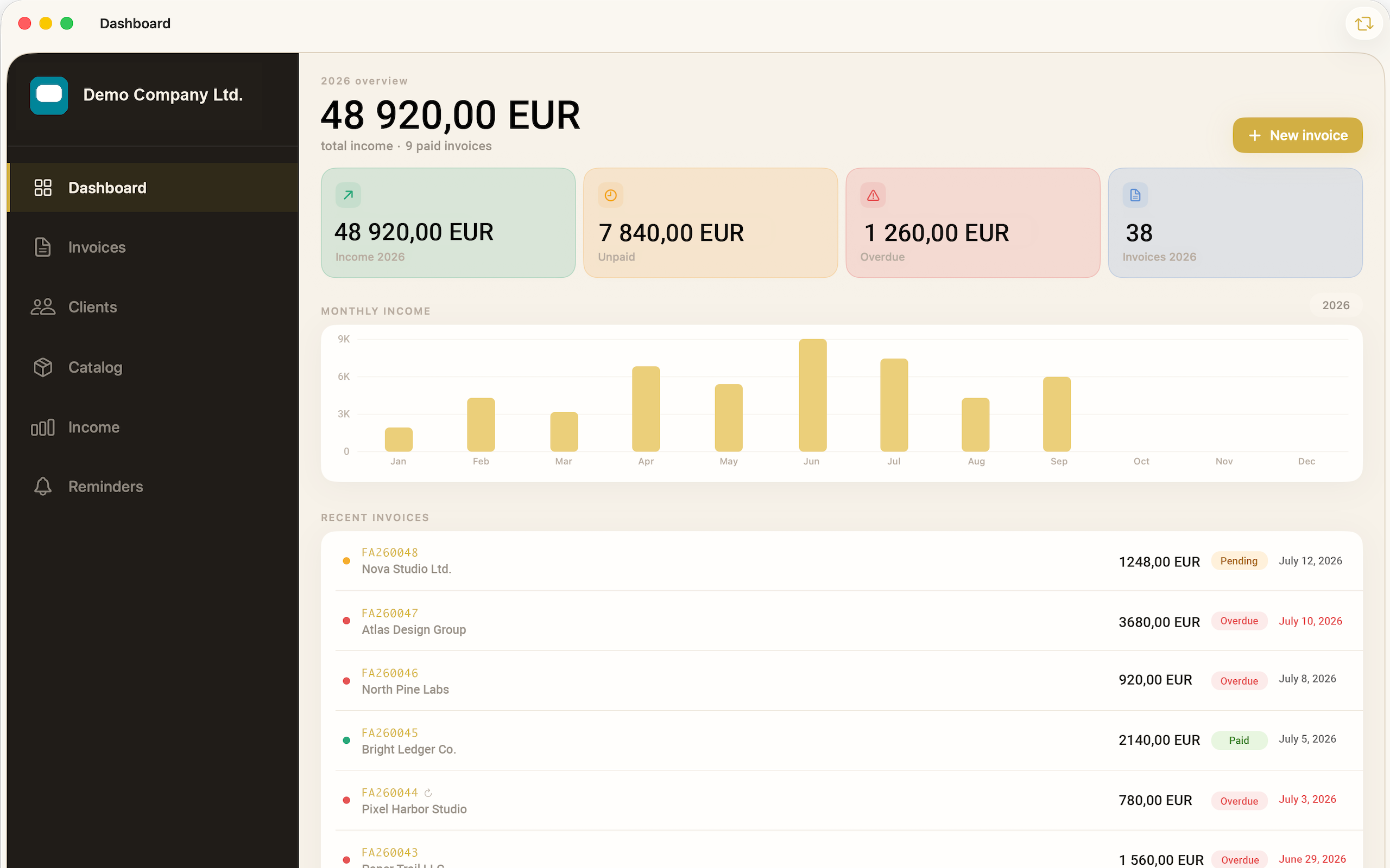 Invoice tracker - Invoxtra Mac dashboard Invoice tracker - Invoxtra Mac dashboard showing income, invoices, unpaid, and overdue totals